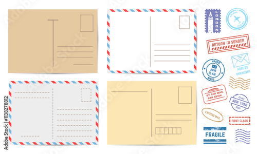 Postcards with stamps. Blank retro and modern cards design with different grunge style postage stamp. Departure arrival insignia, neoteric vector set