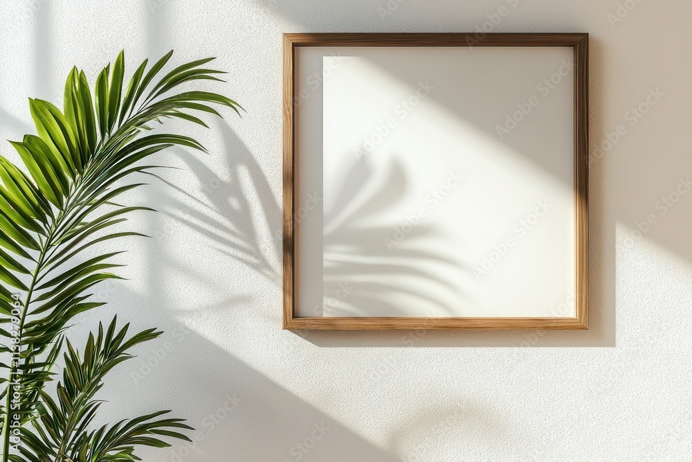 Interior poster mockup with a square wooden frame on an empty white wall, decorated with a green plant branch Interior poster mockup with a square wooden frame on an empty white wall, decorated with a green plant branch