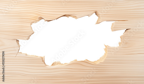 hole breaking through clean new wood wall, decorate lumber plank frame, white transparent background. cutout png