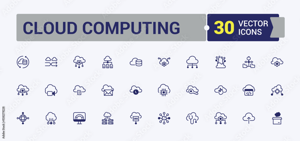 Cloud Computing linear icon collection. Includes thin line upload, communication, hosting, data, computer, storage, system, database. Minimal icons. Vector outline and solid icons collection. Cloud Computing linear icon collection. Includes thin line upload, communication, hosting, data, computer, storage, system, database. Minimal icons. Vector outline and solid icons collection.