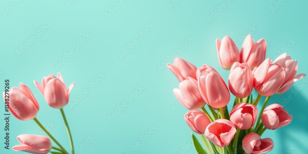 Naklejka premium Delicate pink tulips arranged on a vibrant teal background, capturing the essence of springtime beauty