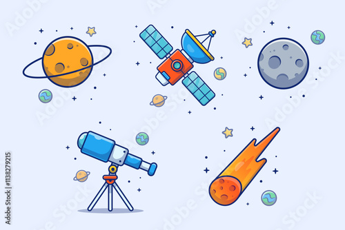 Space Planet With Moon, Meteorite, Satellite, Telescope Cartoon Vector Design Illustrations Pack