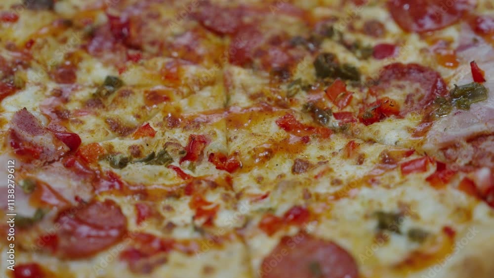 A close-up of a rotating pizza, shot using a panning motion. A close-up of a rotating pizza, shot using a panning motion.