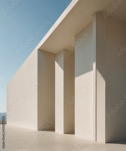 A modern white building with many windows sits on the ground. surrounded by a clear blue sky.