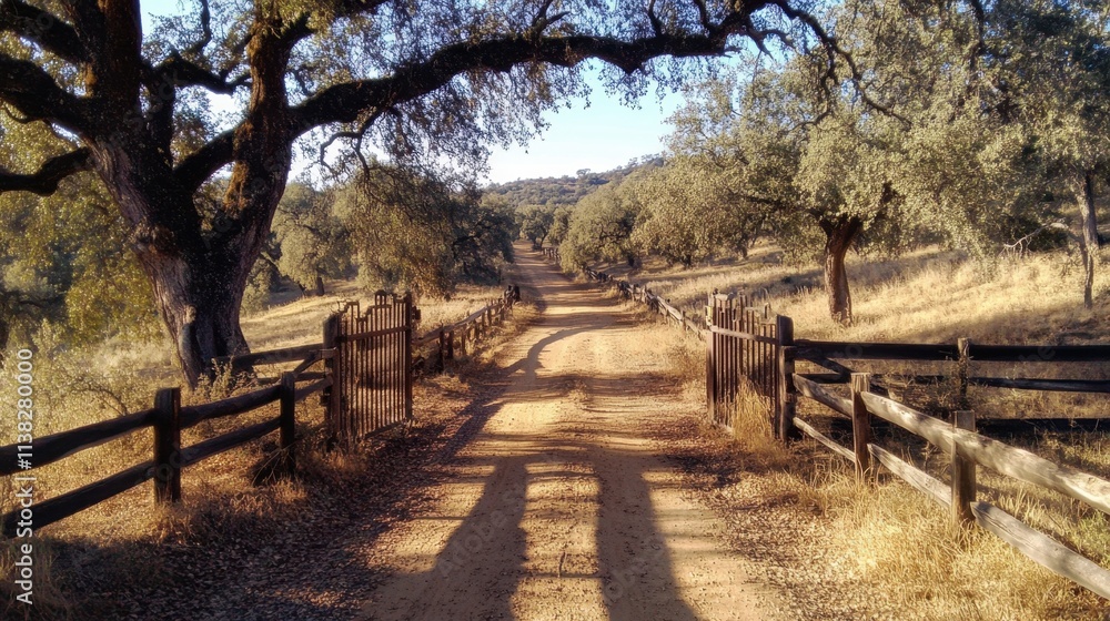 A rustic metal gate closed with wooden fences extending along a winding dirt path into the distance, rural charm A rustic metal gate closed with wooden fences extending along a winding dirt path into the distance, rural charm