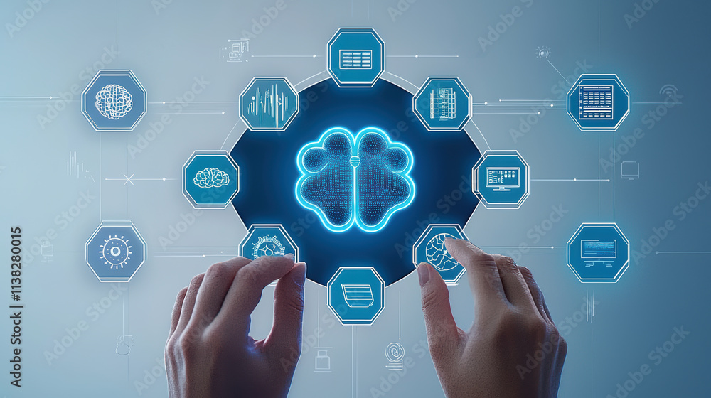 Futuristic digital interface with AI brain and data icons glowing brightly Futuristic digital interface with AI brain and data icons glowing brightly