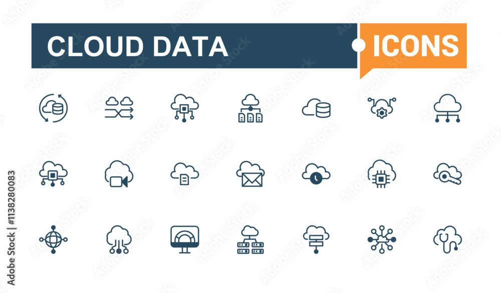 Cloud Data line icons set. Containing sync, Cloud Computing, connect, transfer, mobile, download, file, settings. Thin outline icons pack. Cloud Data line icons set. Containing sync, Cloud Computing, connect, transfer, mobile, download, file, settings. Thin outline icons pack.