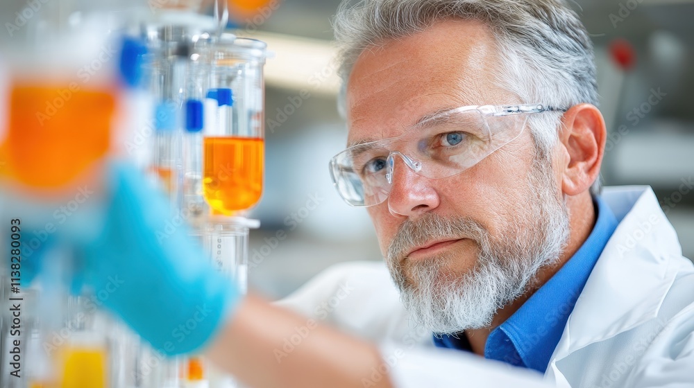 An elderly scientist wearing protective goggles and blue gloves is carefully examining orange-colored solutions in beakers, showcasing a focused laboratory environment. An elderly scientist wearing protective goggles and blue gloves is carefully examining orange-colored solutions in beakers, showcasing a focused laboratory environment.