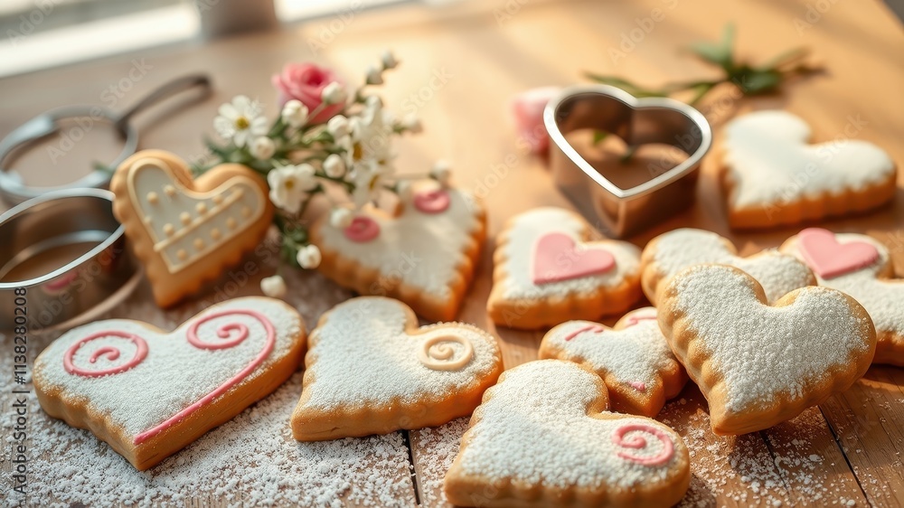 Sweet Heart-Shaped Cookies Covered in Powdered Sugar and Decorated with Pink Frosting, Ready to Be Eaten Sweet Heart-Shaped Cookies Covered in Powdered Sugar and Decorated with Pink Frosting, Ready to Be Eaten