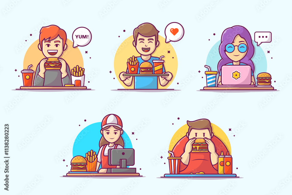 People Eating Fast Food Vector Design Illustration Pack