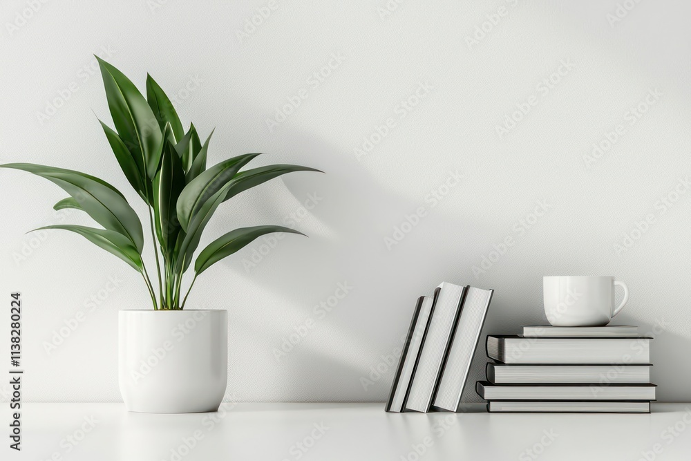 Interior wall mockup featuring a green plant in a pot and a stack books with a cup on a white background, leaving center free Interior wall mockup featuring a green plant in a pot and a stack books with a cup on a white background, leaving center free