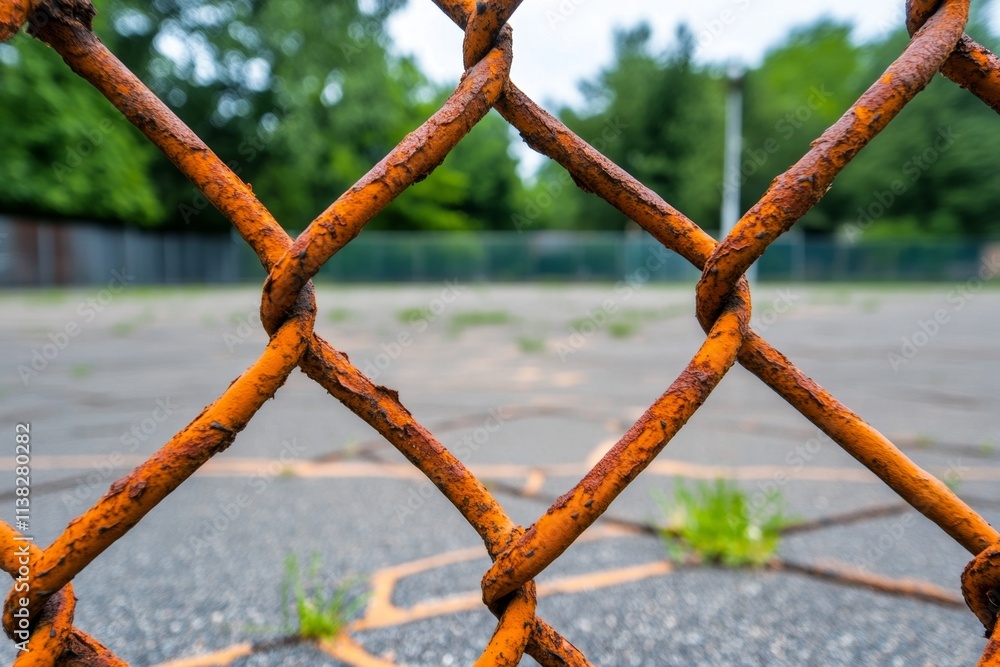 A rusty chain-link fence surrounding an old playground, with patches of grass growing through cracks in the pavement A rusty chain-link fence surrounding an old playground, with patches of grass growing through cracks in the pavement