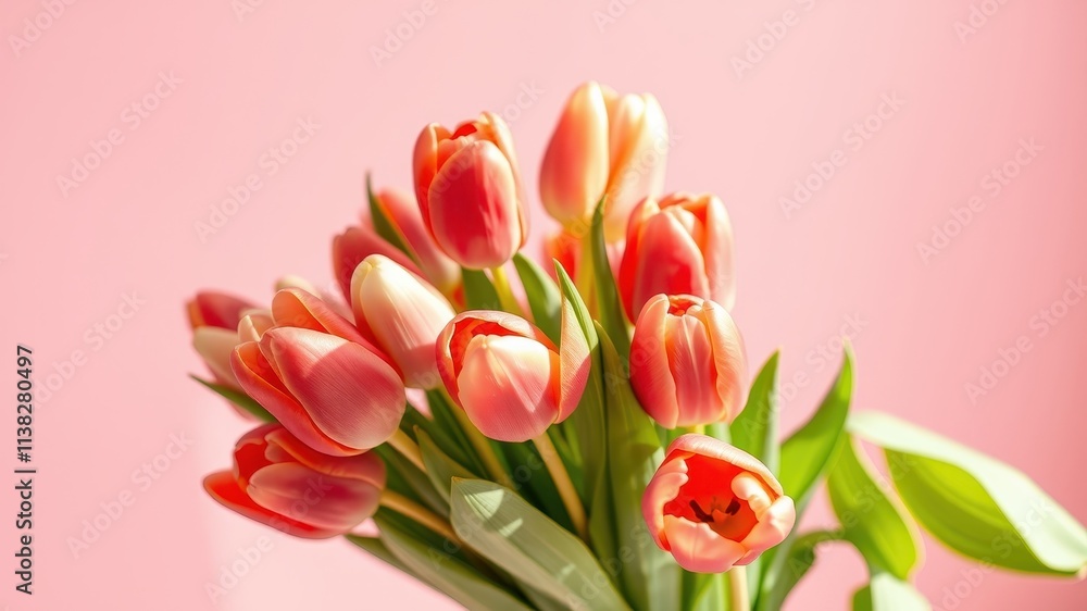 A close-up shot of a bouquet of delicate pink tulips against a soft pink backdrop, showcasing the beauty of spring blossoms and the vibrant colors of nature. A close-up shot of a bouquet of delicate pink tulips against a soft pink backdrop, showcasing the beauty of spring blossoms and the vibrant colors of nature.