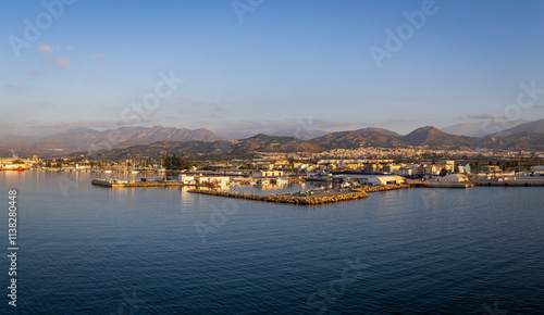 Panoramic photo of Motril, Spain taken from the water looking into town and the distant mountains early in the morning