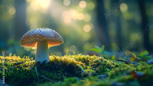 A mushroom is sitting on a patch of moss in a forest