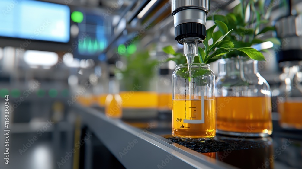 A close-up of a laboratory beaker holding orange liquid, symbolizing scientific research and innovation, with plants in the background on a lab bench.