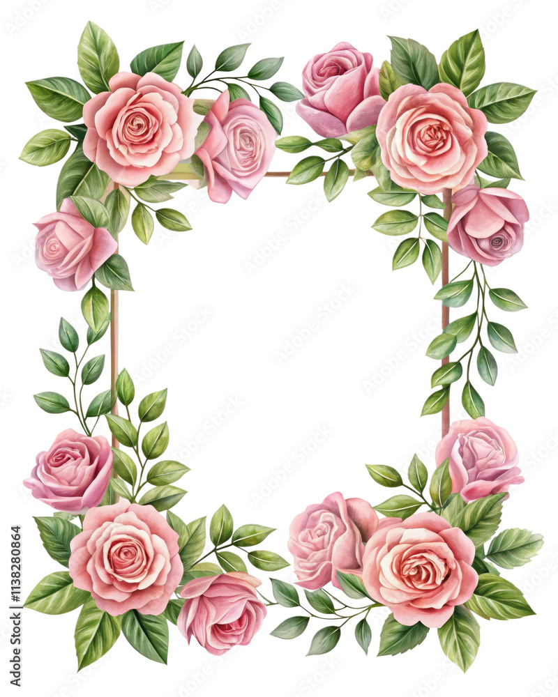 Square Floral Frame Featuring Pink Roses and Green Leaves Square Floral Frame Featuring Pink Roses and Green Leaves