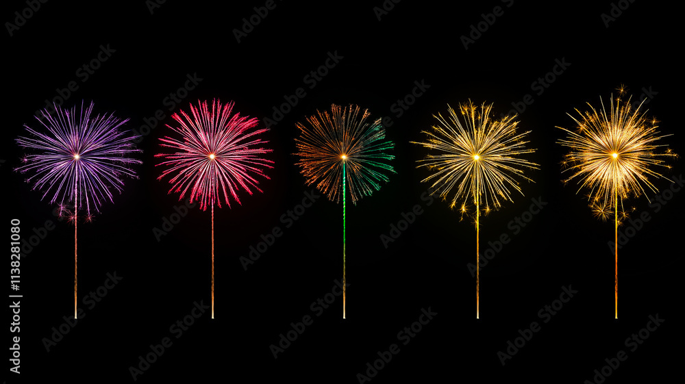 Set of colourful fireworks isolated on black background.