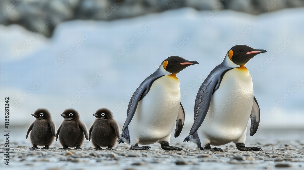 Fototapeta premium Emperor penguins walking with their chicks on a frozen landscape
