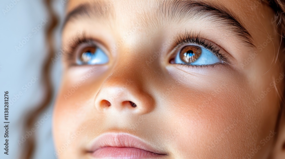 Obraz premium A child gazes upward with a sense of awe, bright big eyes and delicate freckles in focus, creating an image of curiosity and wonder against blue hues.