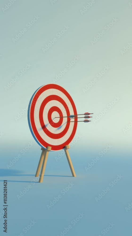 3D rendering of an archery target with arrows in the center, staying positive, thinking positive, achieving success through 3D rendering of an archery target with arrows in the center, staying positive, thinking positive, achieving success through