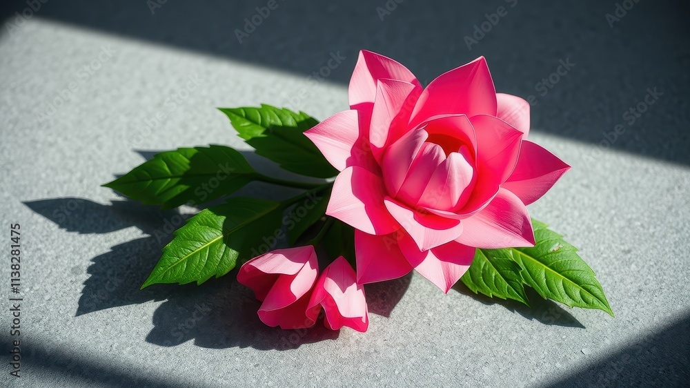 A delicate pink flower with lush green leaves resting on a textured surface, illuminated by a ray of sunlight, casting soft shadows A delicate pink flower with lush green leaves resting on a textured surface, illuminated by a ray of sunlight, casting soft shadows