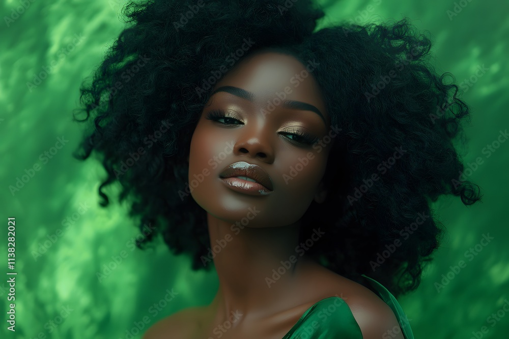 beautiful Black woman with natural curls, voluminous hair, Afro hairstyle, confident pose, radiant complexion, and elegant green dress beautiful Black woman with natural curls, voluminous hair, Afro hairstyle, confident pose, radiant complexion, and elegant green dress