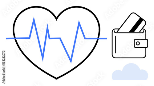 Heartbeat line inside a heart shape next to a wallet with a credit card and a cloud. Ideal for financial health, healthcare finance, wellness, online transactions, financial planning, fintech