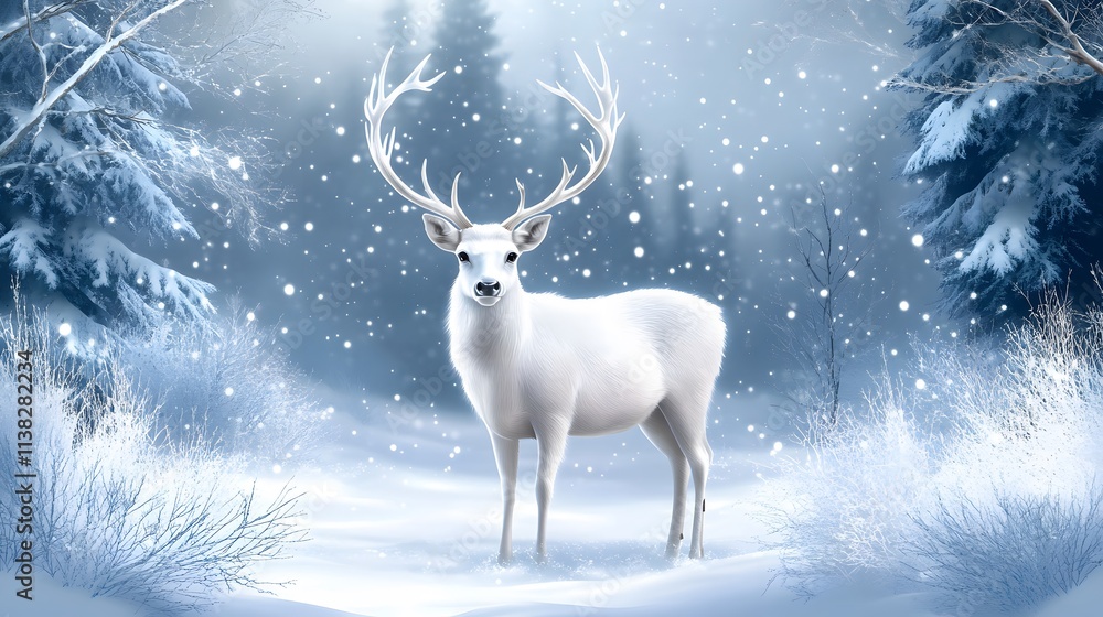 A majestic white deer with perfect antlers, and beautiful winter scenery A majestic white deer with perfect antlers, and beautiful winter scenery