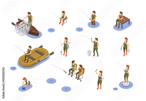 Isometric fishermen characters. Boys girls fishing with rods and nets from wooden or rubber boats. Male female outdoor hobby, flawless vector set
