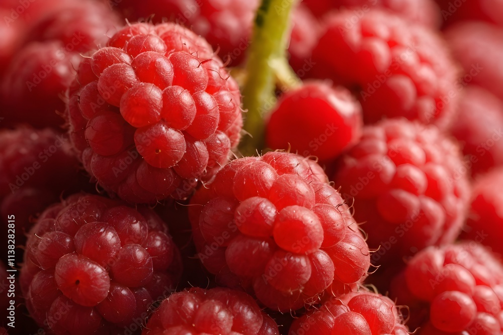 A cluster of plump. red raspberries on a verdant stem. A cluster of plump. red raspberries on a verdant stem.