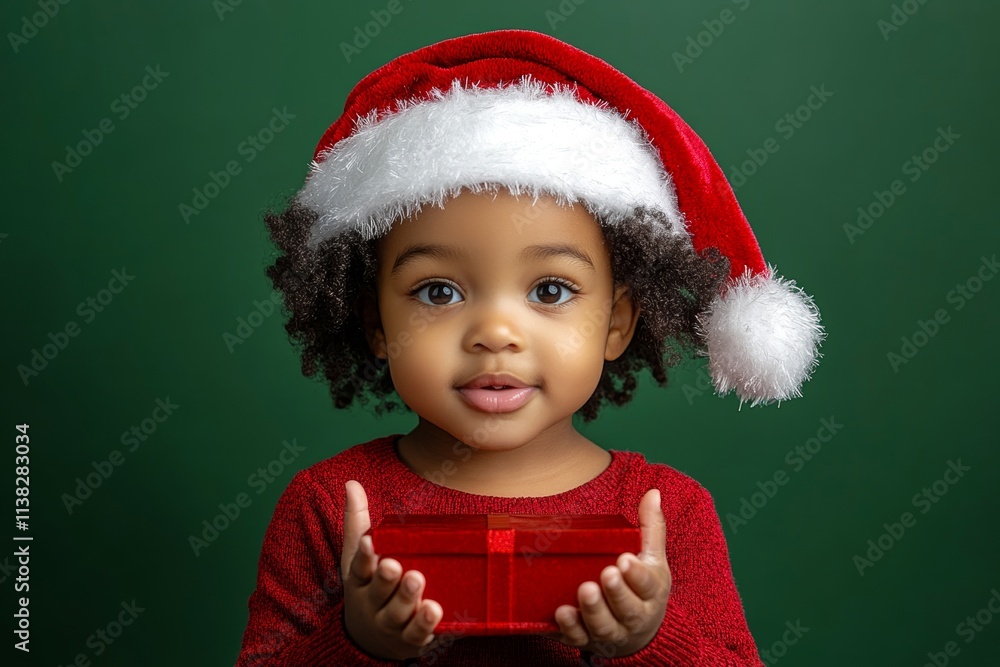 Isolated white black toddler boy in red santa cap with surprise box in hands, on green background. Copyspace. Professional christmas gifts. Studio santa hat. Professional santa decorations. Isolated white black toddler boy in red santa cap with surprise box in hands, on green background. Copyspace. Professional christmas gifts. Studio santa hat. Professional santa decorations.