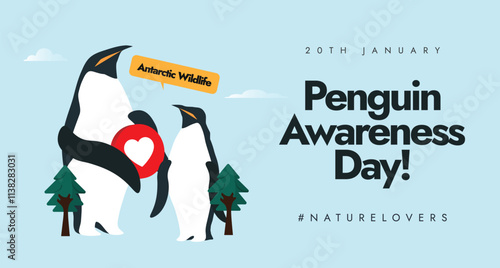 Penguin awareness day. 20th January Penguin day awareness banner with mother and baby penguins. Vector stock illustration