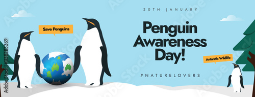 Penguin awareness day, 20th January. Penguins day cover or banner with penguin family standing in snow. Vector stock illustration