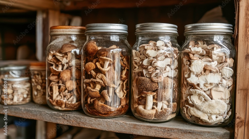 Jars of Dried Mushrooms on a Wooden Shelf Jars of Dried Mushrooms on a Wooden Shelf