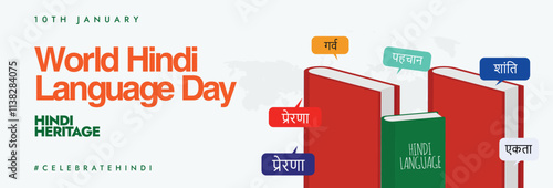 World Hindi Language Day. Hind Language social media awareness cover or banner with books in Indian flag cover, words in Hindi. Text Translation: World Hindi Day. 10 January