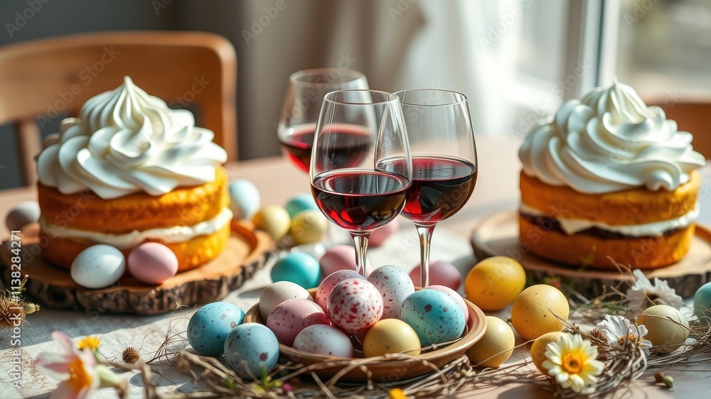 A Festive Easter Spread with Two Glasses of Red Wine, Delectable Cakes, and Decorated Eggs A Festive Easter Spread with Two Glasses of Red Wine, Delectable Cakes, and Decorated Eggs