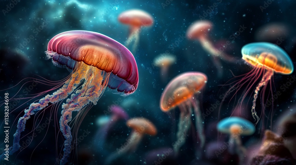 Fototapeta premium Colorful jellyfish float gracefully in a deep blue ocean, creating an ethereal underwater scene filled with tranquility.