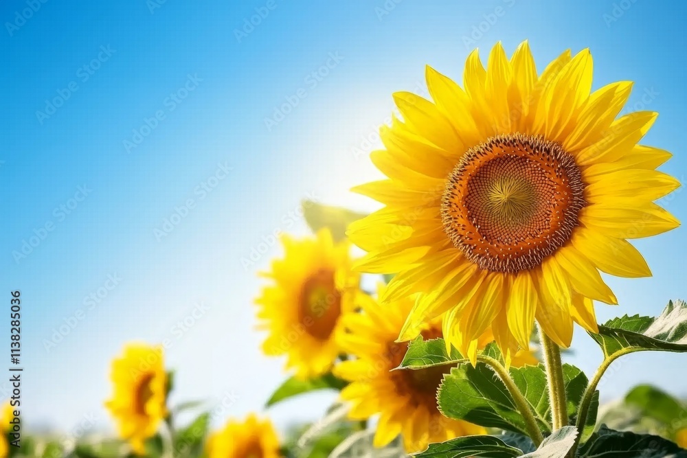 A vibrant close-up of a blooming sunflower, with its golden petals glistening in the sunlight and a clear blue sky in the background A vibrant close-up of a blooming sunflower, with its golden petals glistening in the sunlight and a clear blue sky in the background