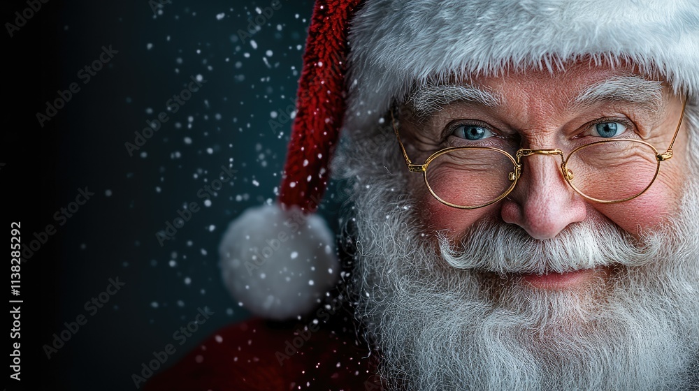 Santa Claus with white beard smiles, snow falling. Santa Claus with white beard smiles, snow falling.