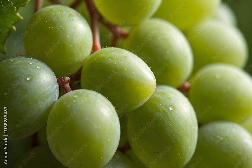 A cluster of green grapes with water droplets on them. blurry background. A cluster of green grapes with water droplets on them. blurry background.