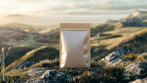 A minimalist recycled plastic stand-up pouch mockup with a picture