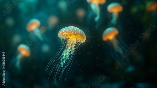 A stunning jellyfish gracefully gliding through the dark blue waters, its bio luminescent glow illuminating the surrounding scene. photo