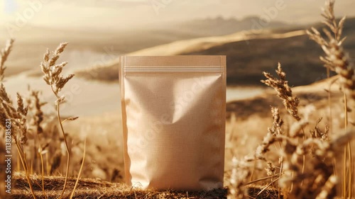 A minimalist recycled plastic stand-up pouch mockup with a picture