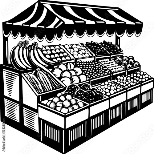 Abundant Market Fruit Stand in Vintage Woodcut Style