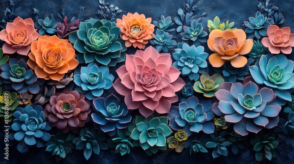 Fototapeta premium Vibrant succulent garden with colorful blooms on dark background