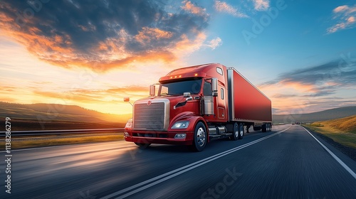 Red truck on highway at sunset: transportation and logistics on the open road photo