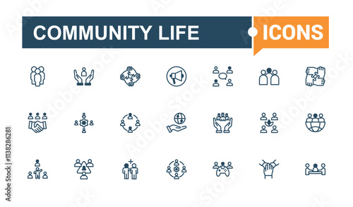 Set of Community Life line icons. Includes icons for friendship, Social, relationship, support, man, team, pr and more. Minimalistic icons. Vector line and solid icons.