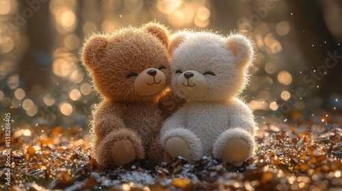 Wallpaper Mural Cozy teddy bears hugging in sunlit forest with autumn leaves Torontodigital.ca