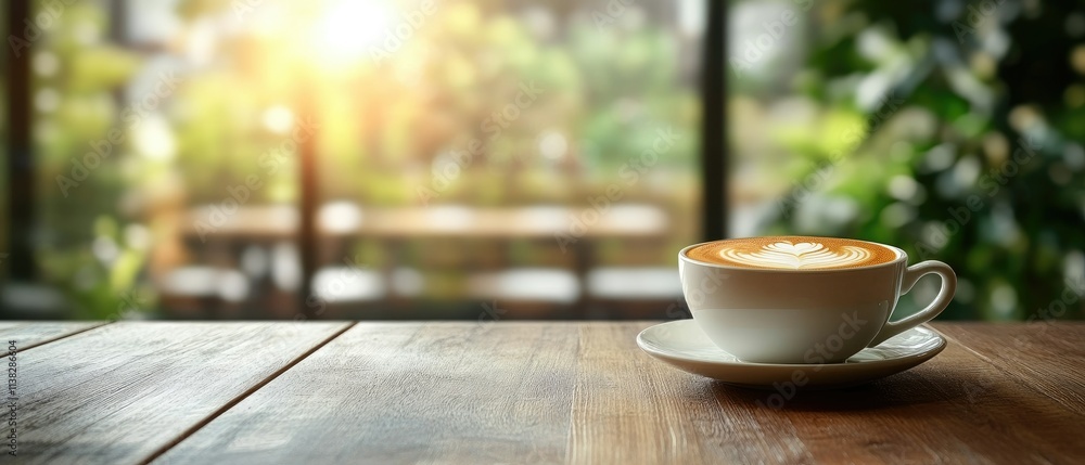 Latte art coffee cup on wooden table by window. Latte art coffee cup on wooden table by window.